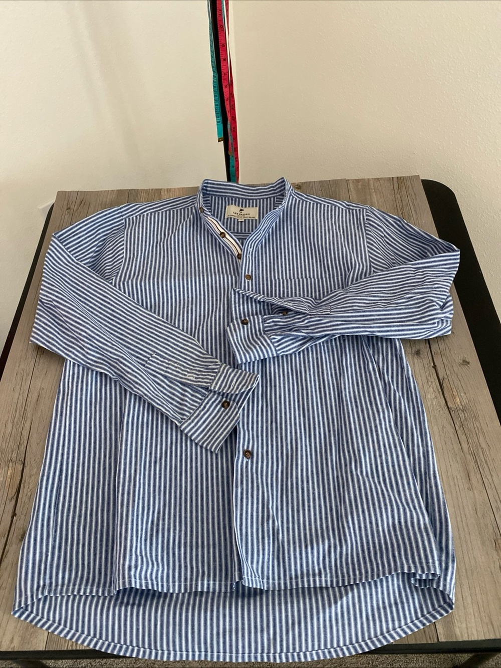 Lee Valley Ireland Flannel Cotton Grandfather Shirt Blue White Striped Men's L